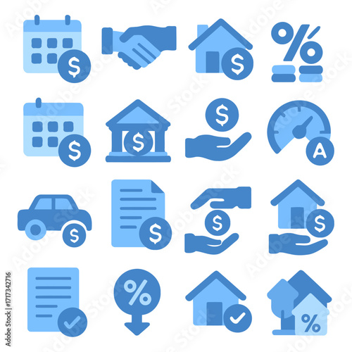 Financial Icons: A collection of stylized icons representing financial concepts like homeownership, banking, insurance, and savings, all in a clean, modern visual style.