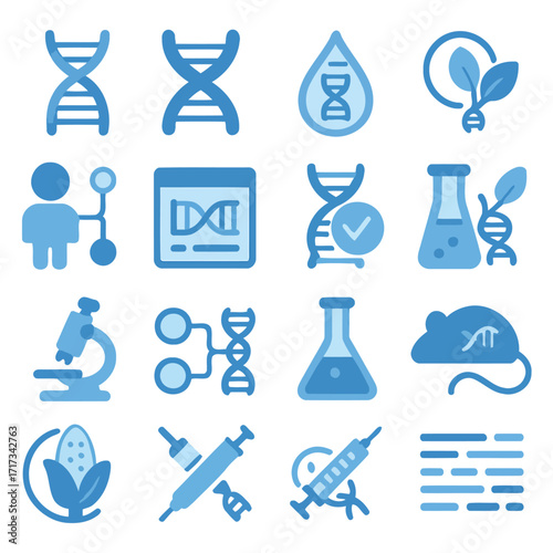 DNA Icons: A curated collection of scientific icons depicting DNA strands, experimental apparatus, and genetic concepts in vibrant colors, embodying the essence of biological and genetic study.
