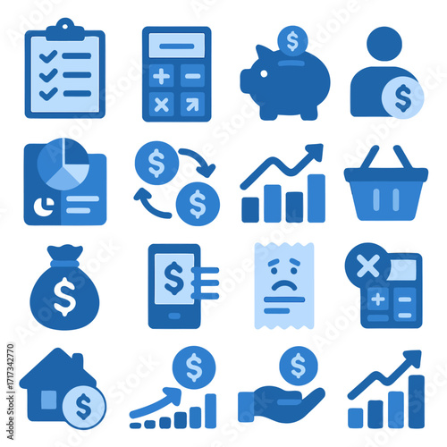 Financial Icon Array: A collection of concise and stylized icons representing various financial aspects like money, growth, and tools for a professional design.