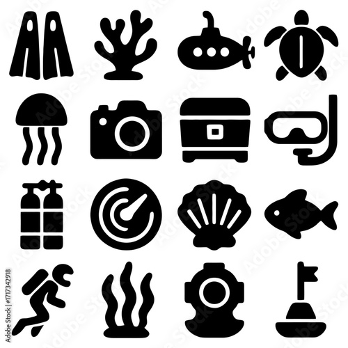 Underwater Adventure Elements: A captivating collection of diverse icons depicting the adventurous underwater world. Each graphic represents an essential part of the thrilling diving and exploration.