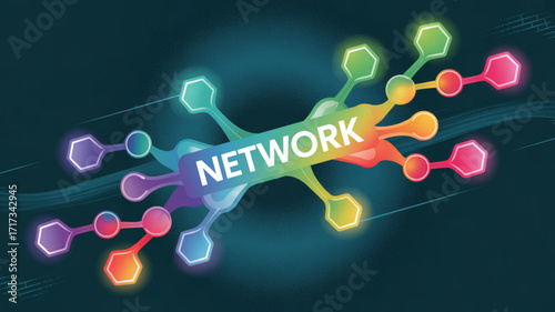 Network illustration for data connection and communication with interconnected nodes and colorful design