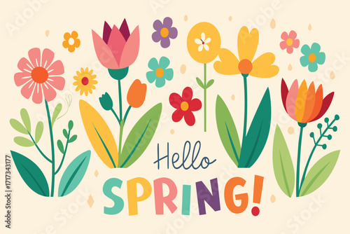 Hello Spring: Colorful Flower Garden Illustration With Playful Letters And Bright Cheer