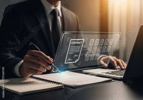 A businessman in a suit is signing a paper document with a pen. Simultaneously, a glowing, futuristic holographic interface is projected in front of him, showing a digital contract. He is applying an 