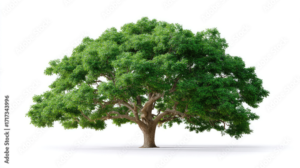 Obraz premium Tall green oak tree with broad canopy and lush foliage stands isolated against white background, symbolizing strength and nature beauty