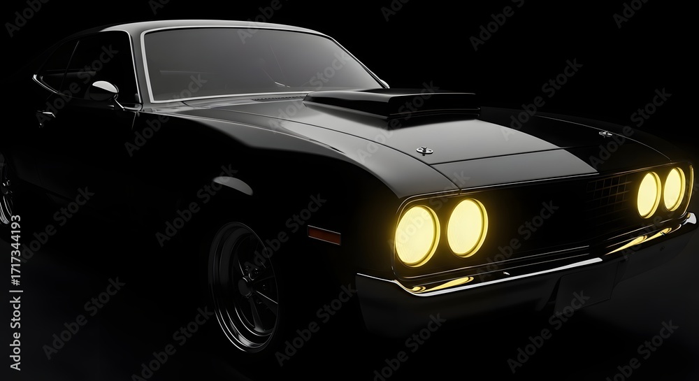 Naklejka premium Classic Black Car with Glowing Headlights on Dark Background