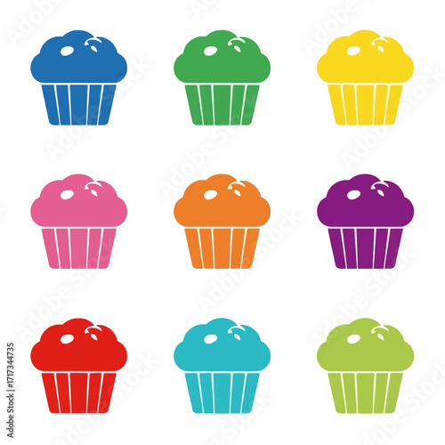 Delicious flat design muffins icon set in vibrant colors, perfect for food themes