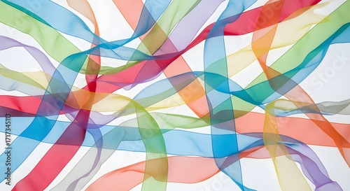Colorful Ribbon Arrangement Abstract on White, Flowing Transparent Stripes
