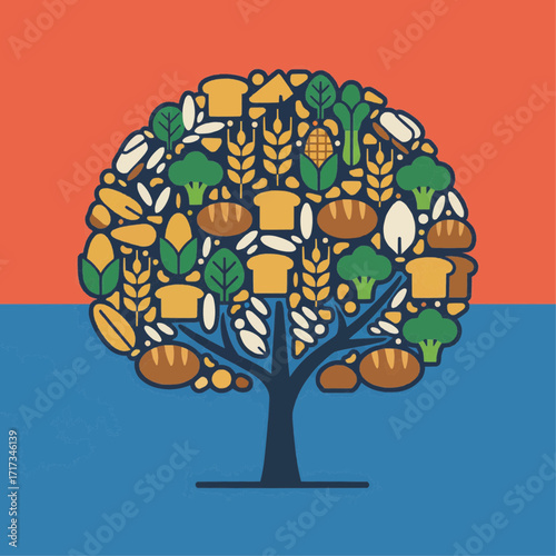 A tree whose leaves are shaped like different staple foods from around the world (rice, corn, bread, vegetables).