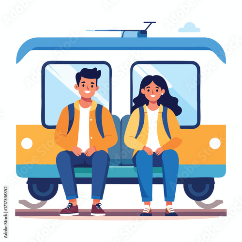 Two young people with backpacks sit together on a train, smiling and looking forward.