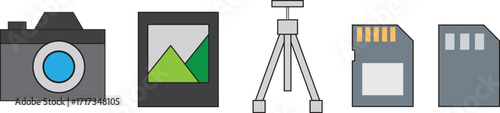 collection of photography equipment. camera, tripod, memory card vector illustration