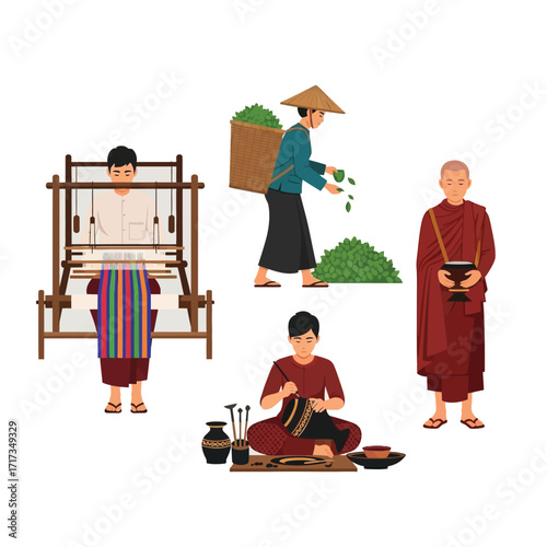 Traditional Southeast Asian people engaged in various crafts and activities, including weaving, tea picking, and religious practice.