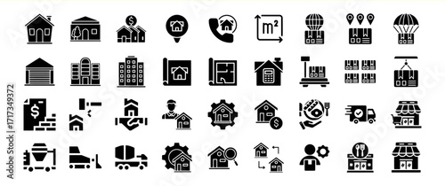 Real Estate and Logistics Icons: Houses, Delivery, and Construction