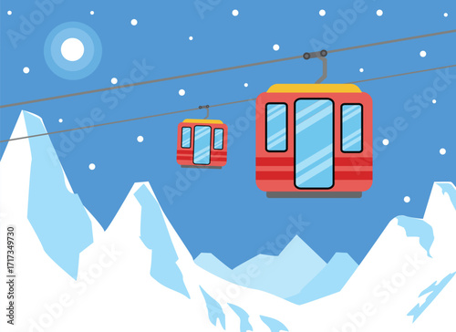 Flat design illustration of a ski lift gondola over a winter mountain landscape with pine trees and snow.