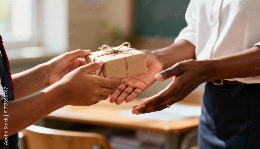 Obraz premium Child's Hands Offer Thoughtfully Wrapped Craft Paper Gift to Adult, a Symbol of Gratitude in a School Setting