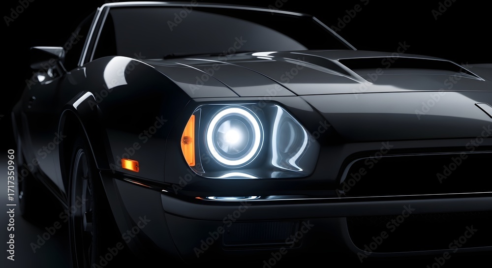 Naklejka premium Sleek Black Car with Glowing Headlights on Dark Background