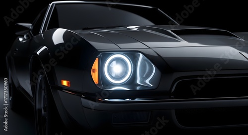 Sleek Black Car with Glowing Headlights on Dark Background