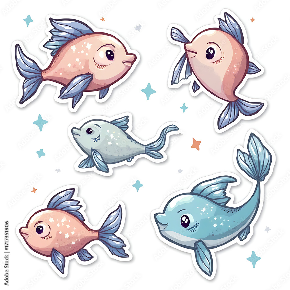 Fototapeta premium An adorable collection of cute kawaii fish stickers. A set of charming aquatic animal illustrations in pastel pink and blue for scrapbooking and decoration