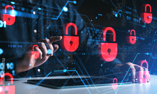 Schilderij op canvas Cybersecurity concept with red padlocks and digital interface overlay on screen
