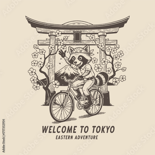 Fun Tokyo travel illustration with panda riding bicycle under torii gate, eastern adventure theme.