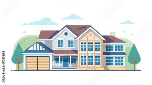 Find your dream home: modern house design with garage and trees in a suburban neighborhood