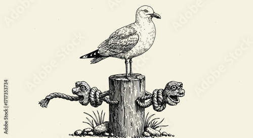 Seagull perched on vintage post nautical element illustration vector