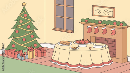 Christmas tree gifts fireplace and festive table setting holiday home celebration scene