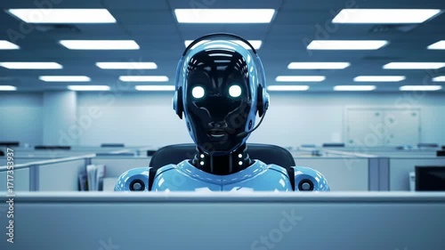 A robot with glowing eyes wearing a headset sits in a cubicle in a bright office setting scene