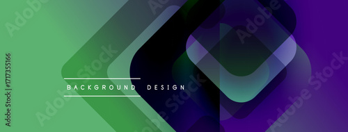 Abstract gradients, overlapping squares, modern design elements. Text reads background design. Vibrant colors create dynamic visual effect.