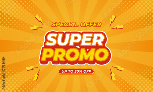 Super promo banner with orange comic pop art sunburst background, halftone dots, and lightning bolt design, special offer up to 50% off discount advertisement template