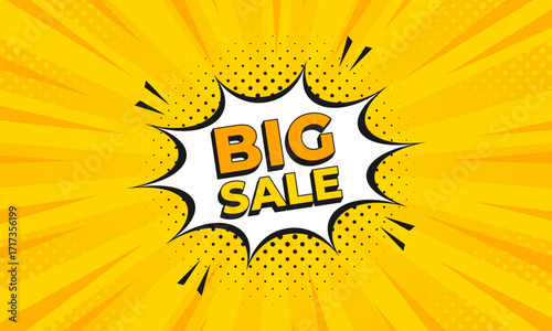 Big sale banner with yellow comic pop art sunburst background, halftone dots, and explosion speech bubble design for shopping promotion, discount advertisement, and marketing template