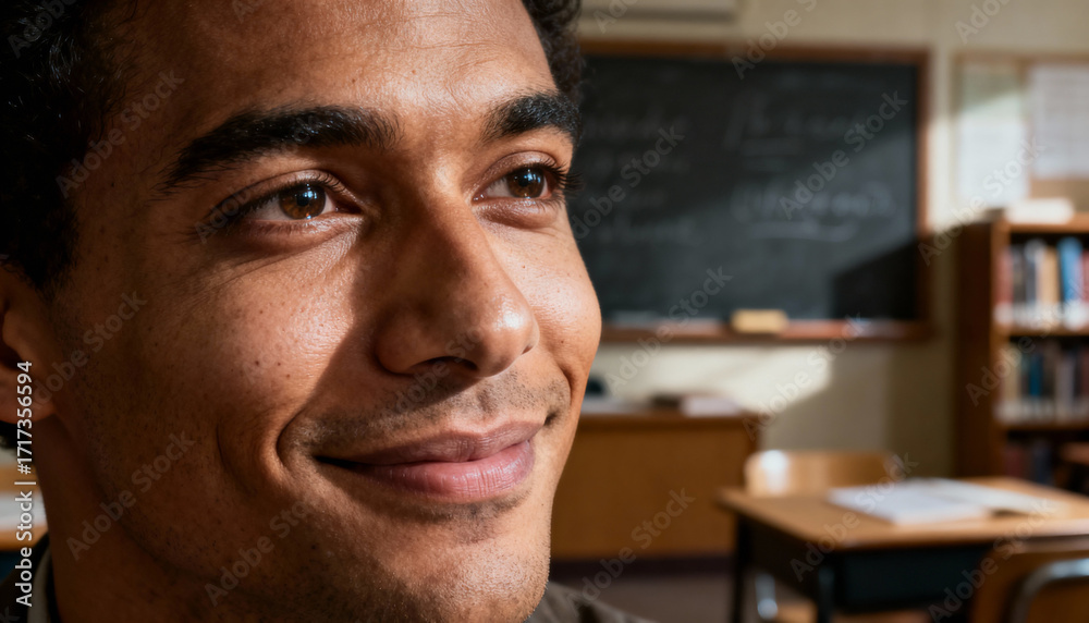 Fototapeta premium Subtle Smile and Engaged Gaze Hopeful Young Man in a Warm Classroom Environment, Deep in Thought or Learning.