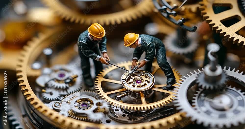 Miniature technicians working on intricate clockwork mechanism