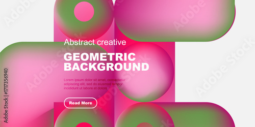 Abstract geometric design. Vibrant pinks, greens create flowing shapes. Text promotes creative content, includes read more button.
