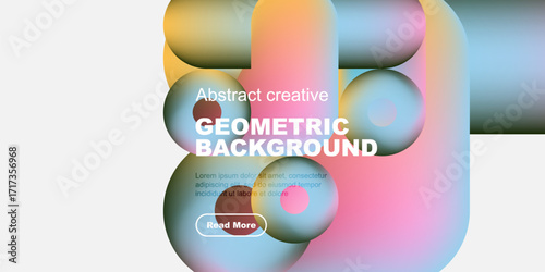 Abstract geometric shapes overlap, creating vibrant colorful background. Text promotes creative design, includes read more button.