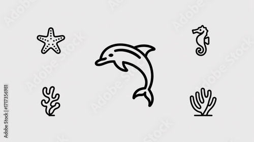 Dolphin seahorse starfish coral reef ocean sea life marine animal vector line art illustration design concept
