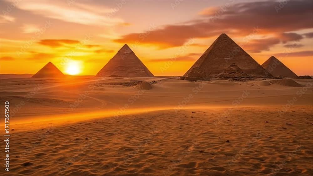 Iconic great pyramids of giza stand against the deserts glowing sunset ...