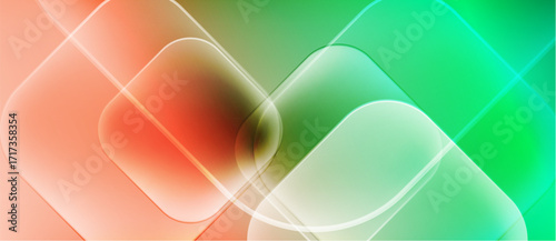 Abstract composition featuring translucent squares, gradients. Colors blend from coral to teal, creating soft visual effect. Smooth transitions dominate.