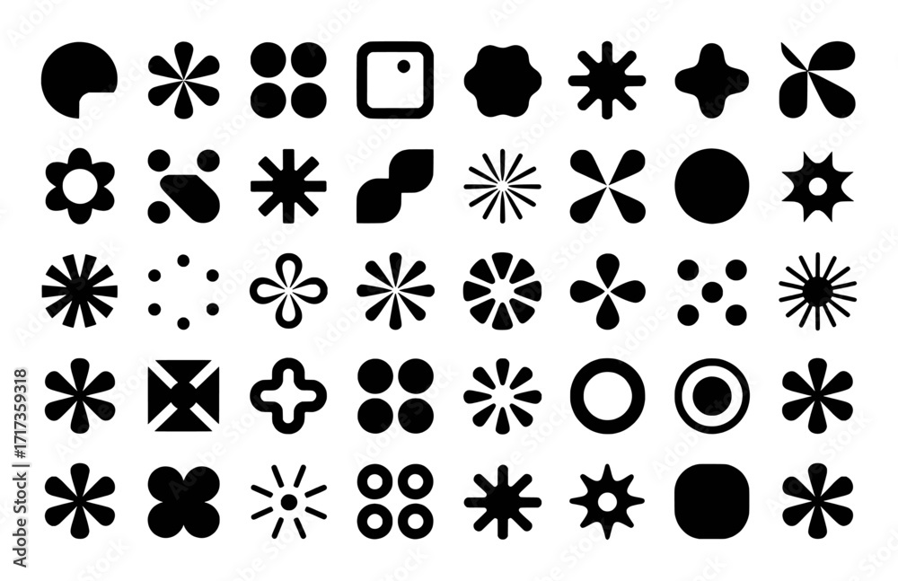 Fototapeta premium Collection of Abstract Black Geometric and Floral Shapes on White Background