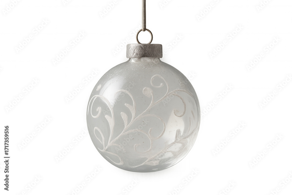 Fototapeta premium White glass christmas bauble with frosted silver swirl pattern hanging, transparent background