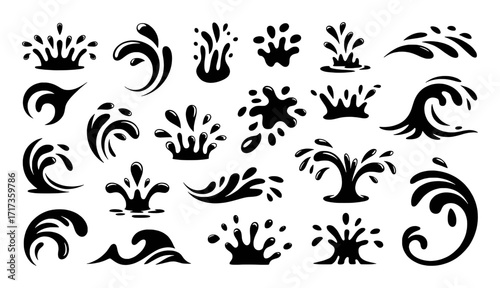 Collection of Black and White Water Splash and Wave Icons