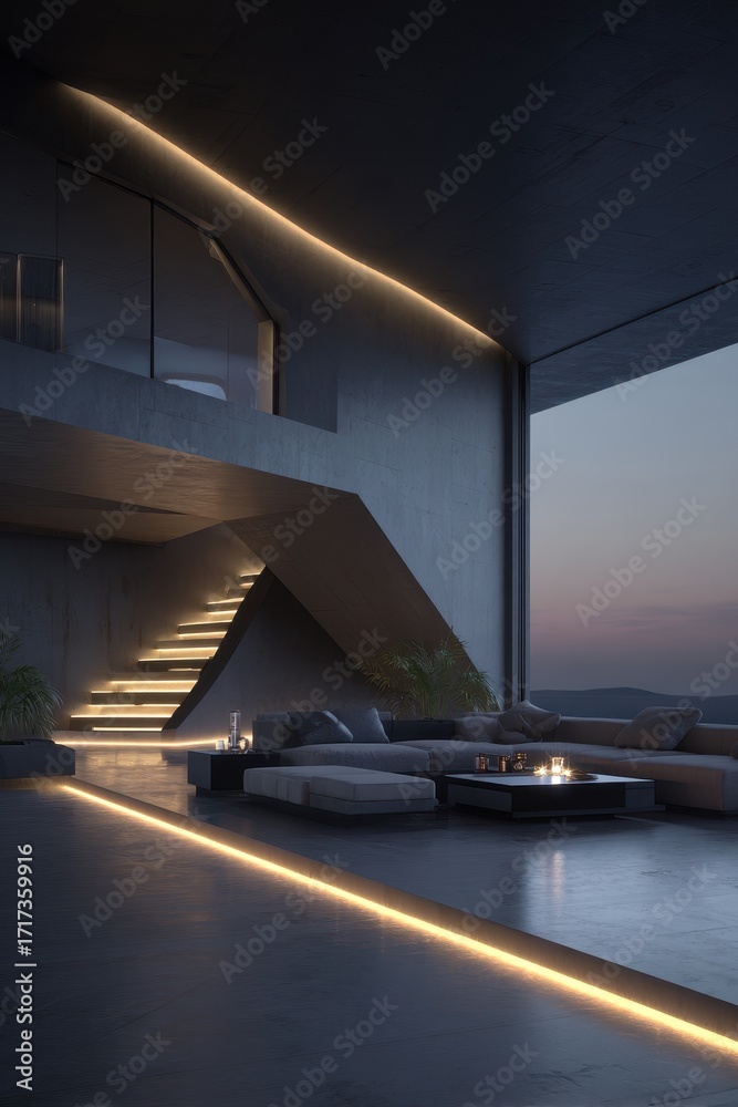 Fototapeta premium Modern Minimalist Interior with Striking Linear Lighting and Concrete Architecture.