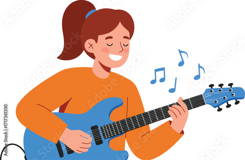 Young woman playing electric guitar with joy musical notes illustration vector