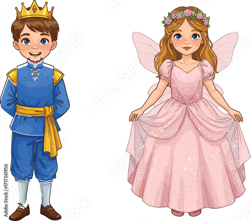 Fantasy prince and fairy princess in colorful costumes, magical children’s dress-up scene, perfect for fairy tale and storybook themes.