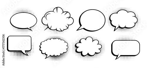 Collection of eight comic book style speech bubbles with halftone dots