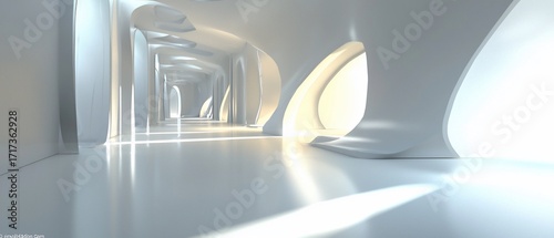 Futuristic white hall with organic arches and bright light streaming through