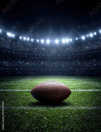 American football on a lush green field under stadium lights