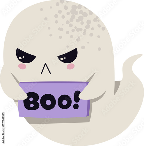 Cute Ghost with Boo Sign Flat Vector Illustration Isolated on White. Halloween Character for Humorous Cards, Party Decor, Social Media Stickers, Pranks. Playful Spooky Style.