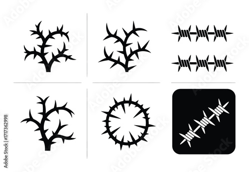 Collection of Thorny Branches, Barbed Wire, and Crown of Thorns Icons