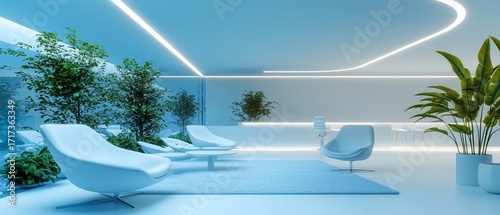 Futuristic waiting area with white chairs, plants, and neon lighting in a minimalist design.