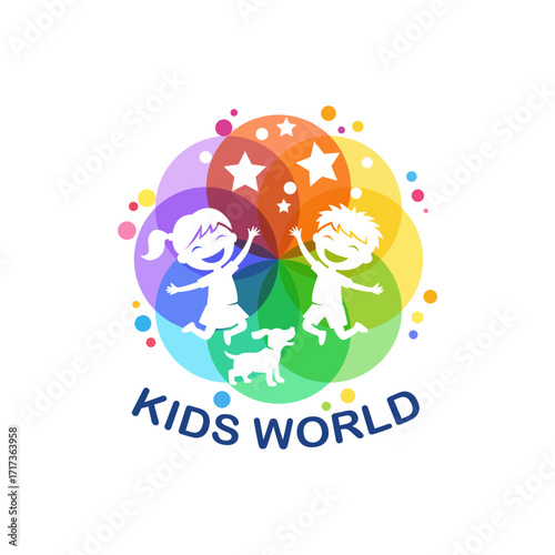 Kids World Colorful logo featuring joyful children and dog